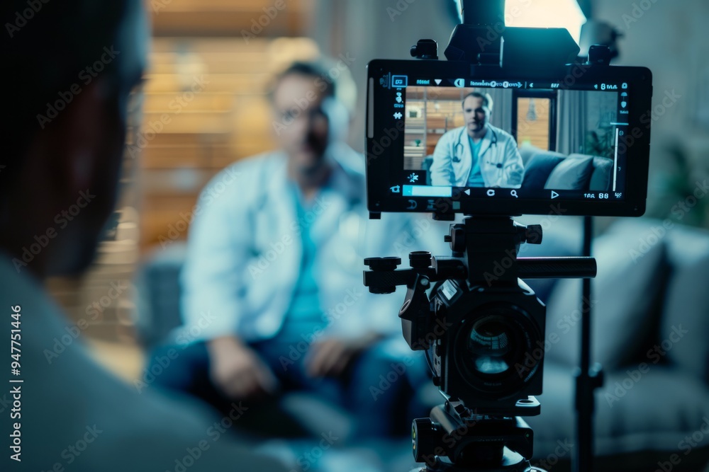 A doctor speaks to the camera in a well-lit room. The equipment captures every detail. This image represents health communication and education. Generative AI A doctor speaks to the camera in a well-lit room. The equipment captures every detail. This image represents health communication and education. Generative AI