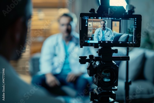 A doctor speaks to the camera in a well-lit room. The equipment captures every detail. This image represents health communication and education. Generative AI