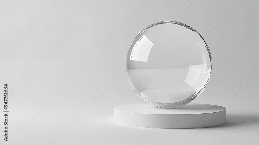 Minimalist 3D transparent glass sphere and circular base on a white background, emphasizing copy space. Minimalist 3D transparent glass sphere and circular base on a white background, emphasizing copy space.