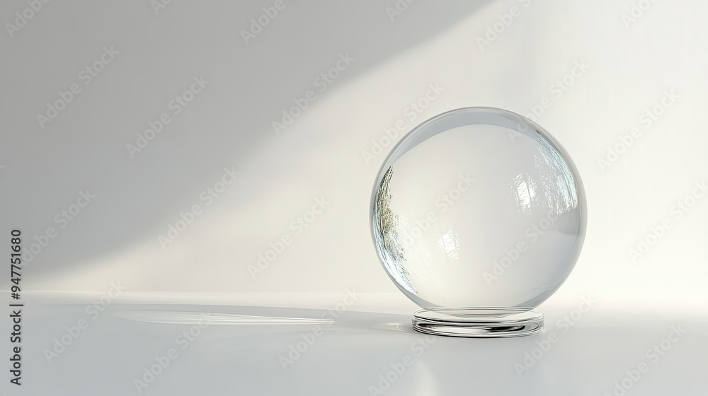Minimalist 3D transparent glass sphere and circular base on a white background, emphasizing copy space. Minimalist 3D transparent glass sphere and circular base on a white background, emphasizing copy space.