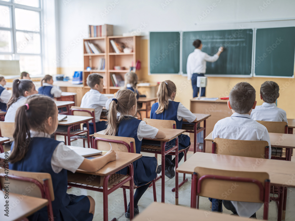 In the classroom, students in uniforms are seated at their desks, patiently awaiting the start of the lesson. The room is arranged with desks neatly aligned, a chalkboard at the front, and bookshelves In the classroom, students in uniforms are seated at their desks, patiently awaiting the start of the lesson. The room is arranged with desks neatly aligned, a chalkboard at the front, and bookshelves