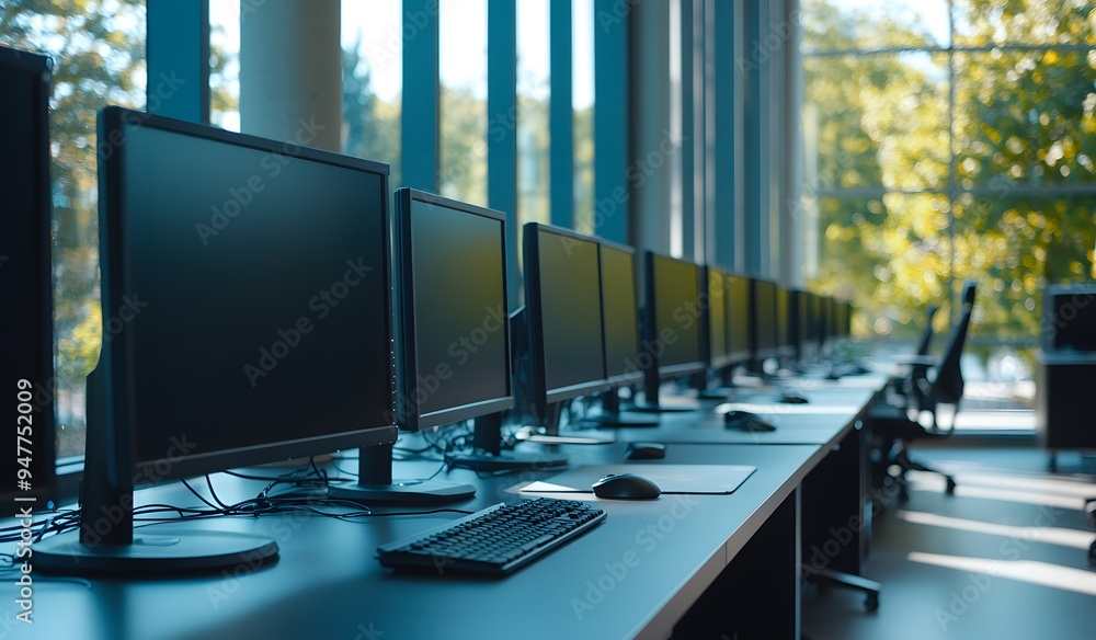 A row of black computer monitors on desks in an office, against the backdrop of large windows with green trees outside. A row of black computer monitors on desks in an office, against the backdrop of large windows with green trees outside.