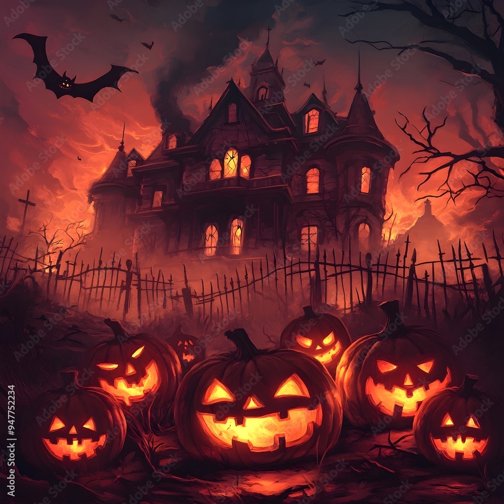 Spooky Halloween Haunted House with Eerie Glowing Pumpkins Bats and Ghosts in the Mist Spooky Halloween Haunted House with Eerie Glowing Pumpkins Bats and Ghosts in the Mist