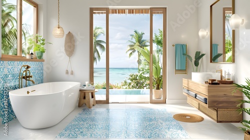 A boho Mediterranean bathroom with a patterned tile floor, wooden vanity, and brass fixtures. Minimalist Art Media realistic photo