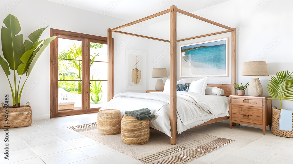 A bedroom with a boho canopy bed, Mediterranean tile accents, and woven baskets for storage. Minimalist Art Media realistic A bedroom with a boho canopy bed, Mediterranean tile accents, and woven baskets for storage. Minimalist Art Media realistic