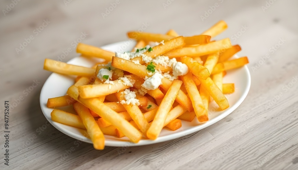 A plate of golden-brown French fries garnished with chopped herbs, accompanied by a small bowl of mayonnaise and ketchup. Decisions: Emphasize the crispy texture, highlight the fresh herb garnish, and A plate of golden-brown French fries garnished with chopped herbs, accompanied by a small bowl of mayonnaise and ketchup. Decisions: Emphasize the crispy texture, highlight the fresh herb garnish, and