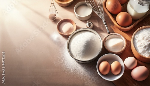 Baking ingredients like flour, eggs, and sugar on a countertop photo