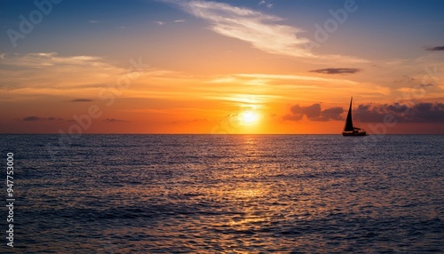 Sunset over a calm ocean with a sailboat in the distance photo