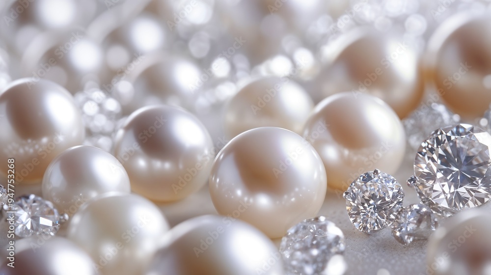 Close up of shiny pearls and sparkling diamonds on a table Close up of shiny pearls and sparkling diamonds on a table