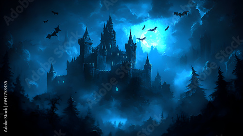 Halloween background with castle and bats at night. Happy Halloween background. 