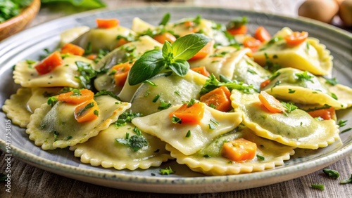 Close-up of homemade ravioli stuffed with zucchini, carrots, potatoes, seasoned with artichoke pesto, ravioli