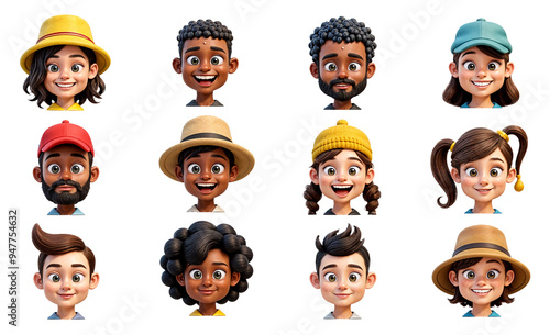 A group of diverse cartoon characters with different skin tones, hairstyles, and facial features, including men and women of various ages and ethnicities, all wearing different types of hats
