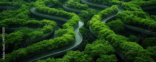 Winding green pathways integrated among lush trees, highlighting sustainable urban design and eco-friendly landscaping.