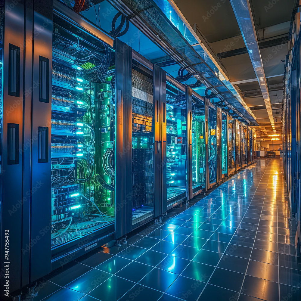 Gang in einem futuristischen, mit Server Racks bestückten Computer Rechenzentrum, Cloud Verbindungen, Generative AI