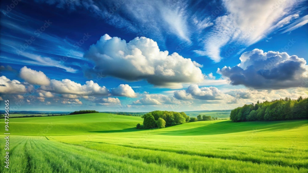 Beautiful natural scenic panorama of green field and blue sky with clouds on horizon , scenic, green field, blue sky Beautiful natural scenic panorama of green field and blue sky with clouds on horizon , scenic, green field, blue sky