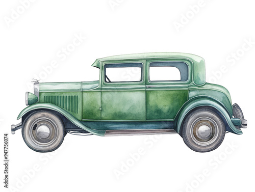 Vintage Green Car Watercolor Illustration photo