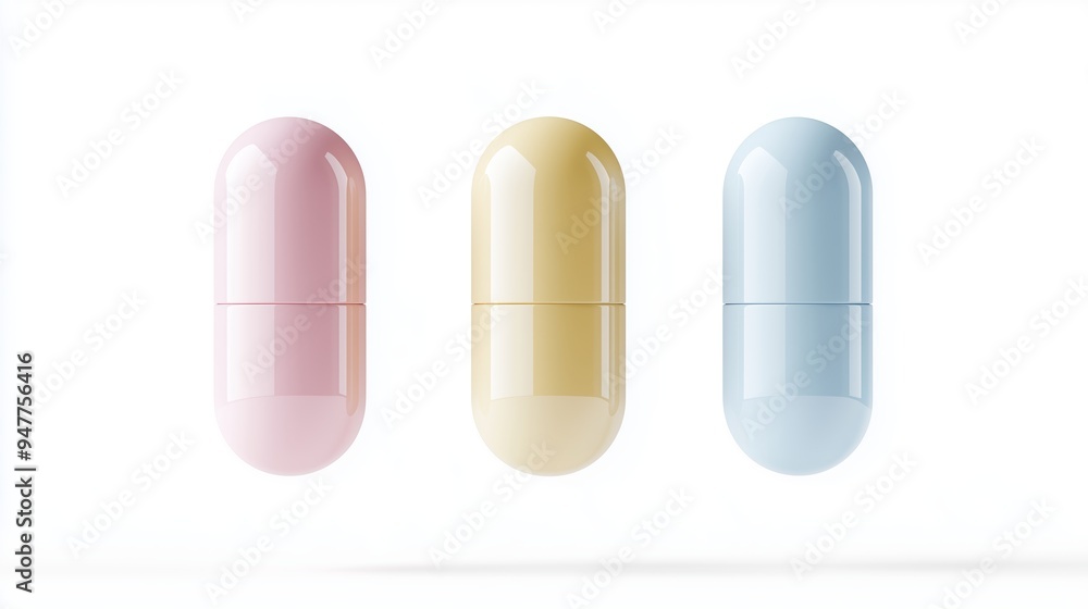 Colorful capsules arranged in a row on a white background, showcasing pastel hues and modern design elements for health and wellness Colorful capsules arranged in a row on a white background, showcasing pastel hues and modern design elements for health and wellness