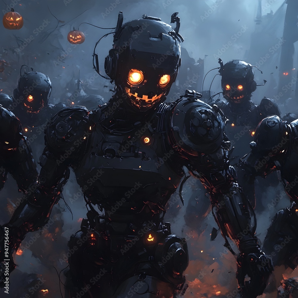 An Army of Halloween Themed Robotic Soldiers Preparing for Battle in a Cinematic Sci Fi An Army of Halloween Themed Robotic Soldiers Preparing for Battle in a Cinematic Sci Fi
