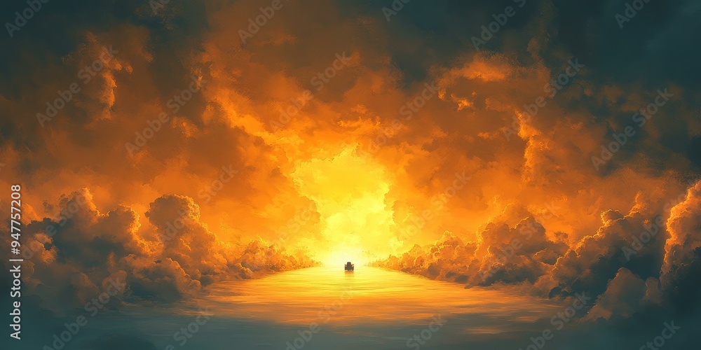 A boat sails towards a bright light in the clouds. A boat sails towards a bright light in the clouds.