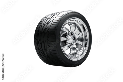 Sleek chrome wheel with a black rubber tire. Ideal for showcasing vehicle accessories or transportation concepts.