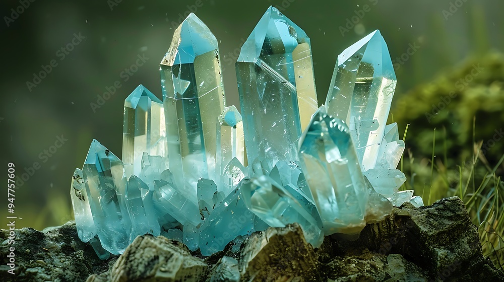 Aquamarine crystals glistening against an olive backdrop