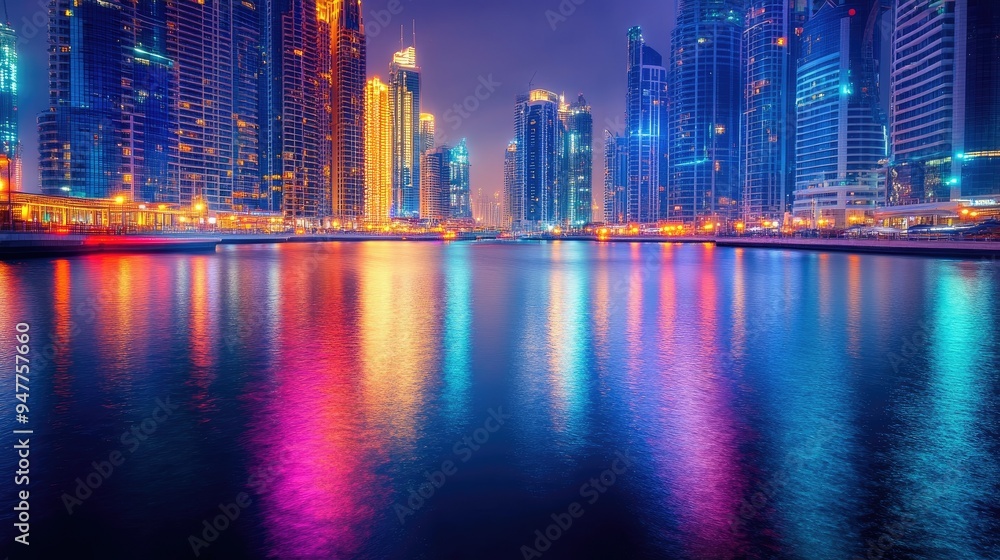 Fototapeta premium Nighttime Marina Lights: Captivating long exposure image of Dubai Marina at night, showcasing the colorful reflections of the city lights on the water.