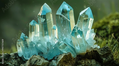 Obraz na płótnie Aquamarine crystals glistening against an olive backdrop w salonie