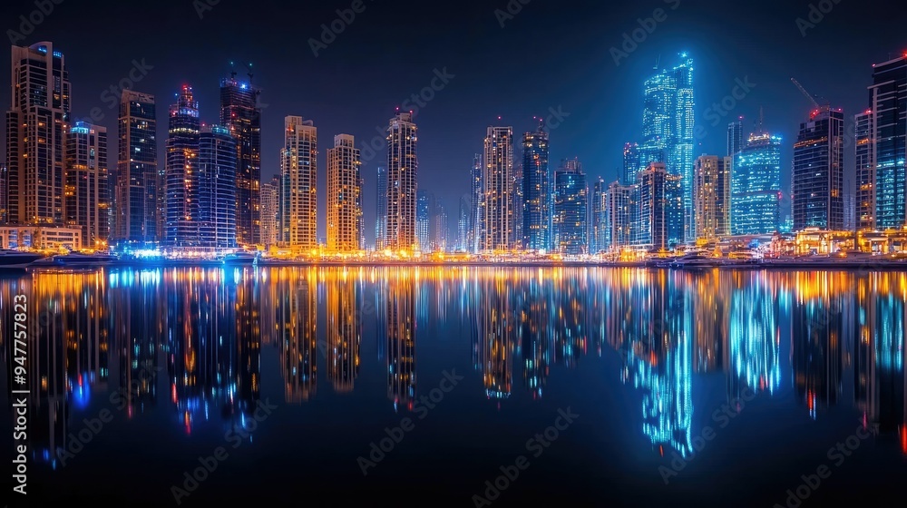 Nighttime Marina Magic: A breathtaking night scene of Dubai Marina, capturing the brilliance of city lights reflecting on the calm waters of the marina.