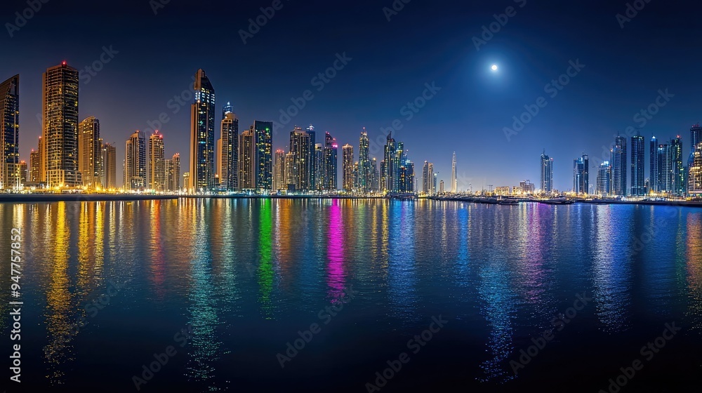 Fototapeta premium Nighttime Marina Magic: A breathtaking night scene of Dubai Marina, capturing the brilliance of city lights reflecting on the calm waters of the marina.