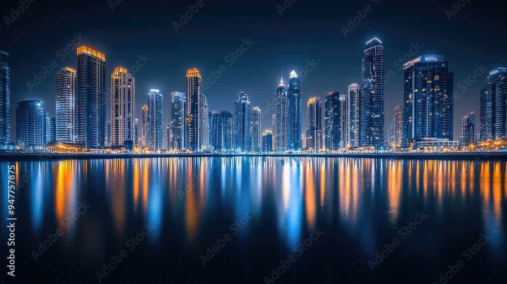Fototapeta premium Nighttime Marina Serenity: A serene night view of Dubai Marina with long exposure reflections of the city lights dancing on the calm water.