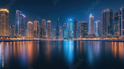 Nighttime Marina Serenity: A serene night view of Dubai Marina with long exposure reflections of the city lights dancing on the calm water.