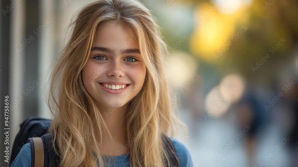 A smiling and charming blonde teenage girl, a high school student with a backpack, looking confidently at the camera, representing youth, education, and the vibrant spirit of student life, showcasing A smiling and charming blonde teenage girl, a high school student with a backpack, looking confidently at the camera, representing youth, education, and the vibrant spirit of student life, showcasing