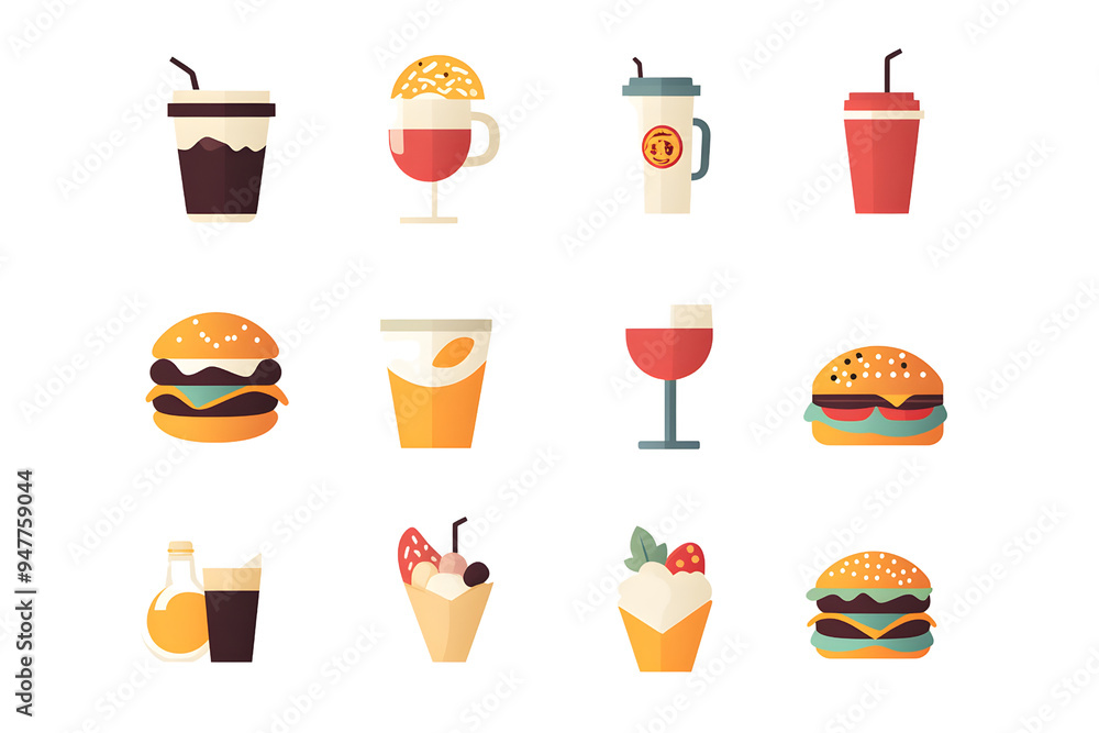 A collection of 12 colorful flat design icons representing various fast food items and beverages, including burgers, drinks, and desserts, ideal for use in food-related projects, menus, or digital app A collection of 12 colorful flat design icons representing various fast food items and beverages, including burgers, drinks, and desserts, ideal for use in food-related projects, menus, or digital app