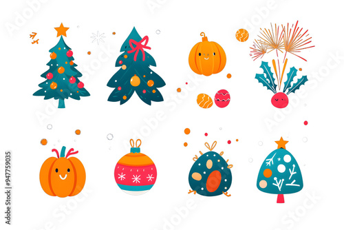 A whimsical set of holiday-themed icons featuring decorated Christmas trees, cheerful pumpkins, ornaments, and festive elements, perfect for seasonal designs, greeting cards, and digital decorations.
