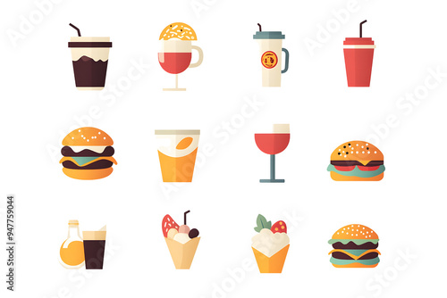 A collection of 12 colorful flat design icons representing various fast food items and beverages, including burgers, drinks, and desserts, ideal for use in food-related projects, menus, or digital app