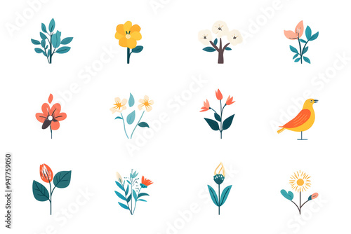 A charming set of hand-drawn botanical and floral icons featuring various plants, flowers, and a bird, perfect for nature-themed designs, invitations, or digital projects.