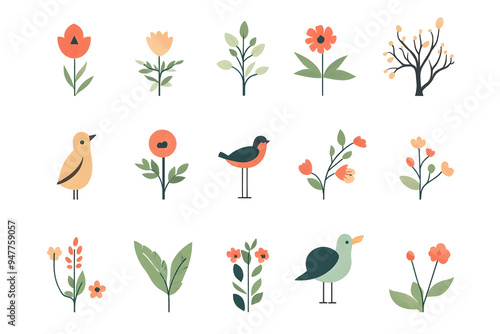 A delightful collection of pastel-colored icons featuring various flowers, plants, and birds, perfect for spring-themed designs, greeting cards, and nature-inspired digital projects.