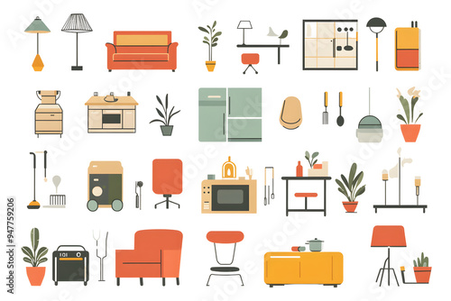 A stylish set of modern home and furniture icons, featuring various household items, decor, and furniture pieces, perfect for interior design projects, home decor websites, and lifestyle blogs.