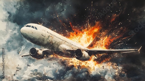 A dramatic watercolor of an airplane disintegrating in midair, fiery explosions tearing through the hull, creating a chaotic yet stunning visual photo