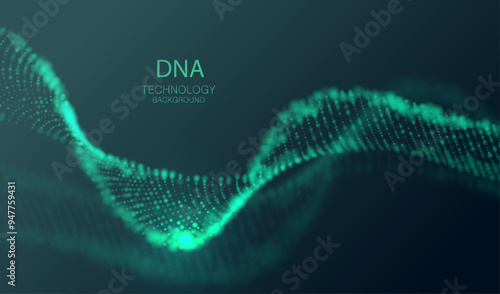 Artificial Intelligence DNA particle waves future connect innovation vector design. Big data biology dna molecule background. Technology ai green particles dots banner.