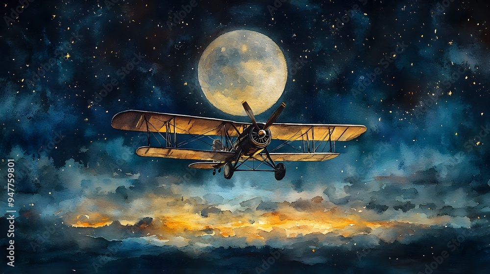 Naklejka premium Biplane under a glowing moon, its wings catching the light, surrounded by a sea of stars in a tranquil night sky, watercolor painting