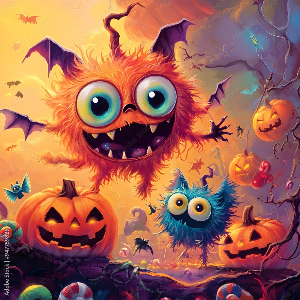 Adorable Halloween Monsters in Vibrant Cartoon Style with Magical Fantastical Background Adorable Halloween Monsters in Vibrant Cartoon Style with Magical Fantastical Background