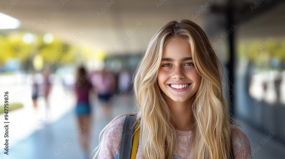 A smiling and charming blonde teenage girl, a high school student with a backpack, looking confidently at the camera, representing youth, education, and the vibrant spirit of student life, showcasing A smiling and charming blonde teenage girl, a high school student with a backpack, looking confidently at the camera, representing youth, education, and the vibrant spirit of student life, showcasing