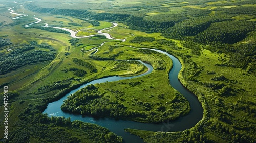 Aerial View of a Winding River Through a Lush Green Landscape