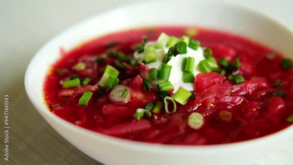 Homemade borscht with sour cream and green onions in a white plate. Close-up