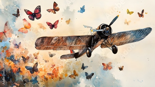 Antique plane soaring through a lively butterfly-filled sky, a serene watercolor composition highlighting the beauty of flight and nature