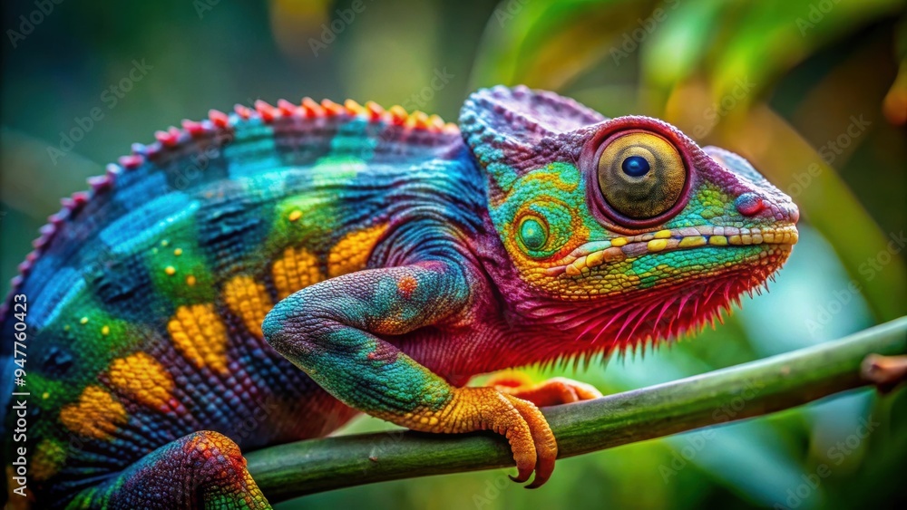 Obraz premium Vibrant chameleon changing colors in high definition, reptile, camouflage, transformation, colorful, lizard, wildlife