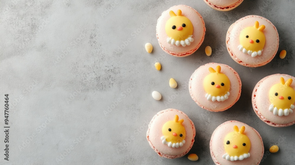 Obraz premium Playful Easter chick macarons with vanilla and lemon filling, arranged on a concrete background. Room for text or design elements in the copy space.