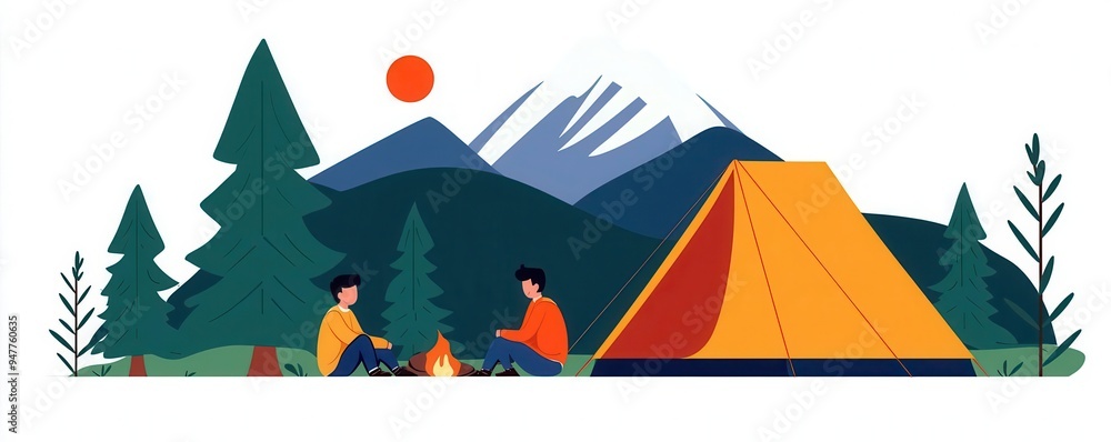 Family camping trip, kids playing by the tent, flat design illustration Family camping trip, kids playing by the tent, flat design illustration