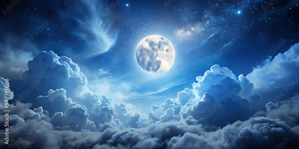 Fototapeta premium Night sky with a bright, full moon shining among scattered clouds